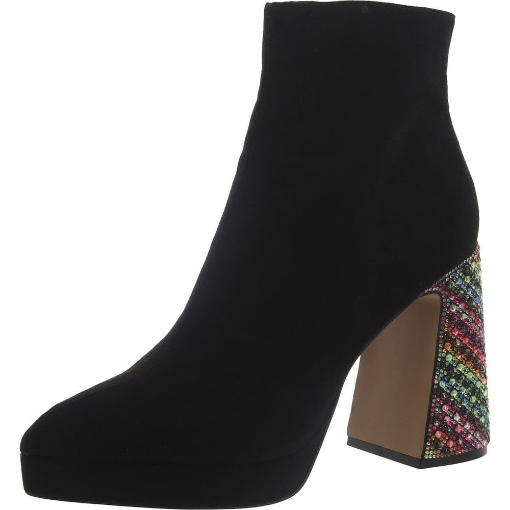 Betsey Johnson Black Suede Ankle Boots with Multicolor Jeweled Block Heel